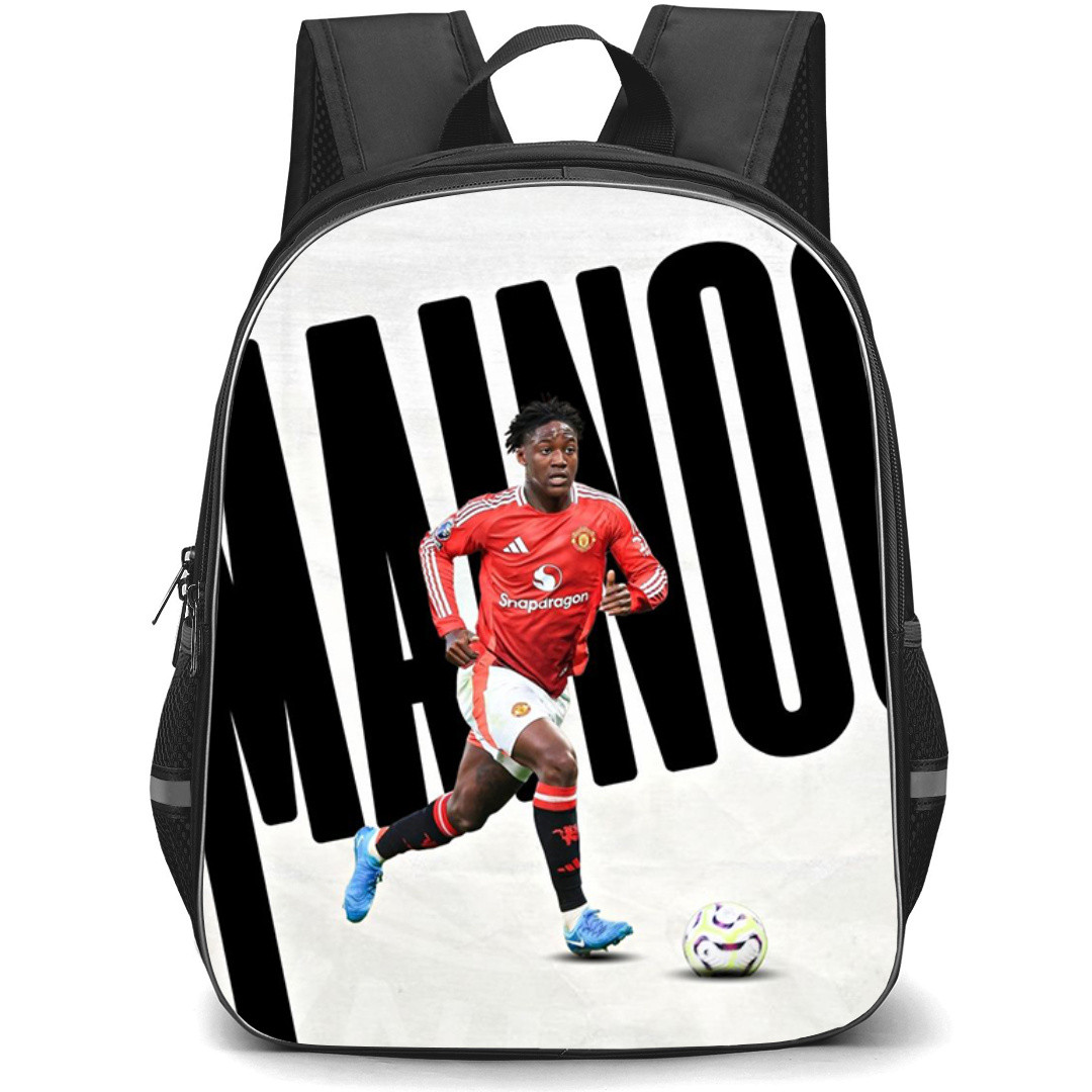 Kobbie Mainoo Backpack StudentPack - Kobbie Mainoo Manchester United Dribbling On Black Word Art White Background