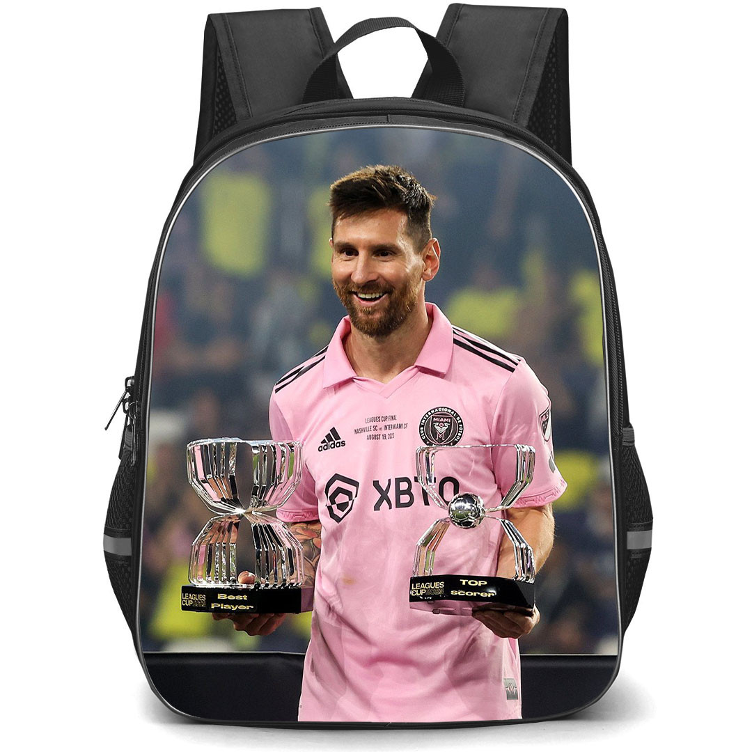 Inter Miami CF Lionel Messi Backpack StudentPack - Lionel Messi Best Player And Top Scorer Trophy Portrait