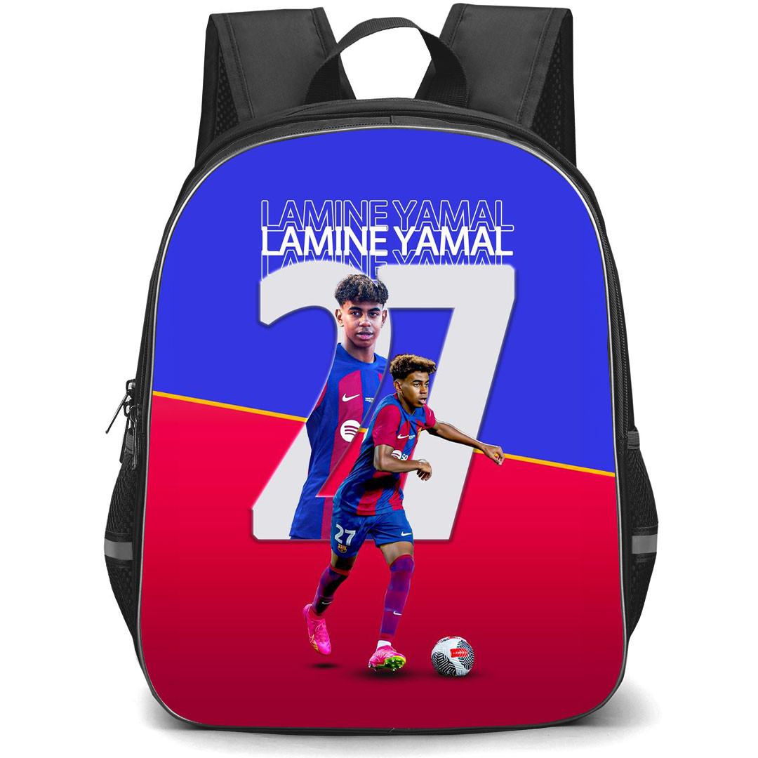 Lamine Yamal School Backpack StudentPack - Lamine Yamal 27 FC Barcelona Dribbling On Blue Red Background