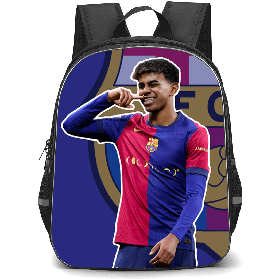 Lamine Yamal Backpack StudentPack - Lamine Yamal FCB Signature Celebration On Logo Background