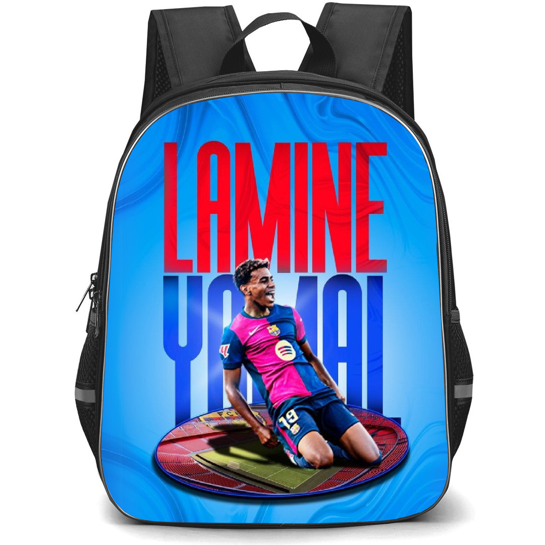 Lamine Yamal Backpack StudentPack - Lamine Yamal Goal Celebration On Blue Background