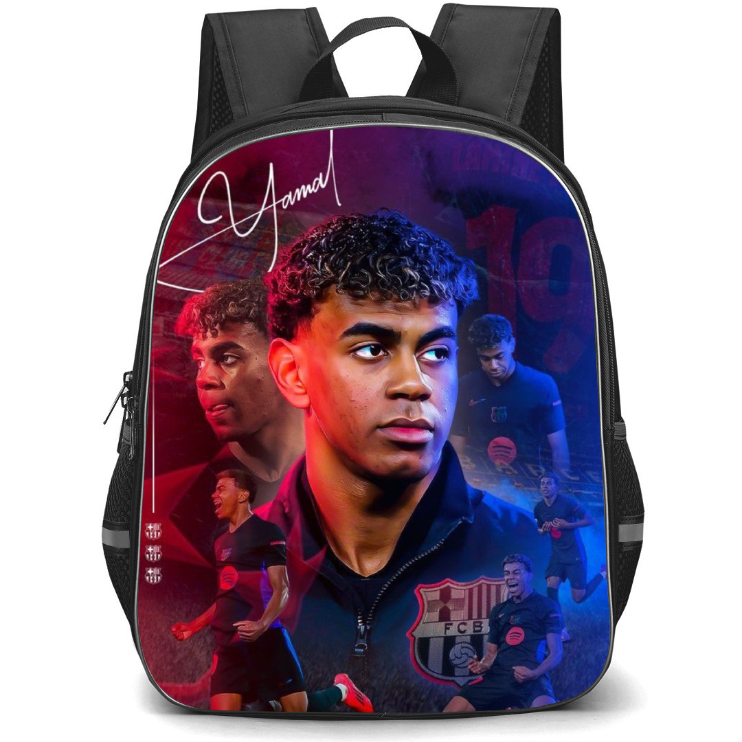 Lamine Yamal Backpack StudentPack - Lamine Yamal FCB Moments Photos On Pink Purple Gradient Background