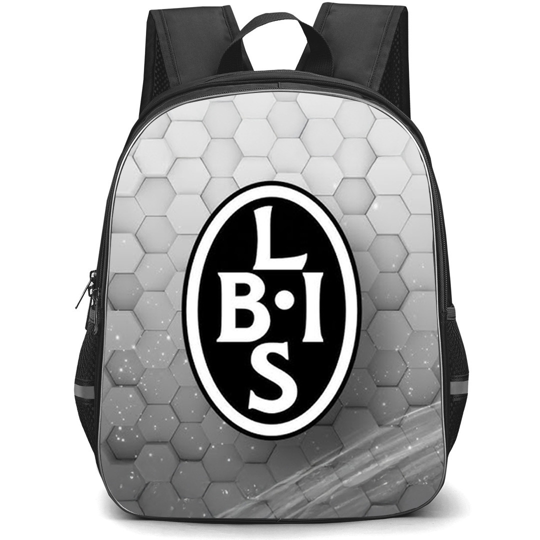 Landskrona BoIS Backpack School Bag StudentPack - Landskrona BoIS Logo On Grayscale Hexagon Background Football Club