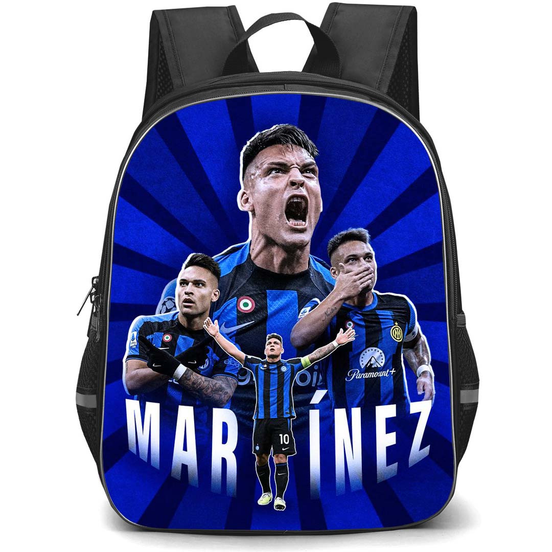 Lautaro Martinez School Backpack StudentPack - Lautaro Martinez Inter Milan Shouting ON Blue Stripe Background