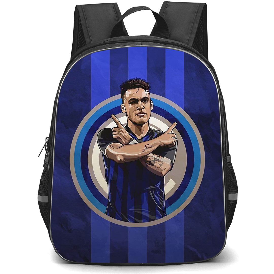 Lautaro Martinez School Backpack StudentPack - Lautaro Martinez Inter Milan Signature Posture Illustration Art On Blue Stripe