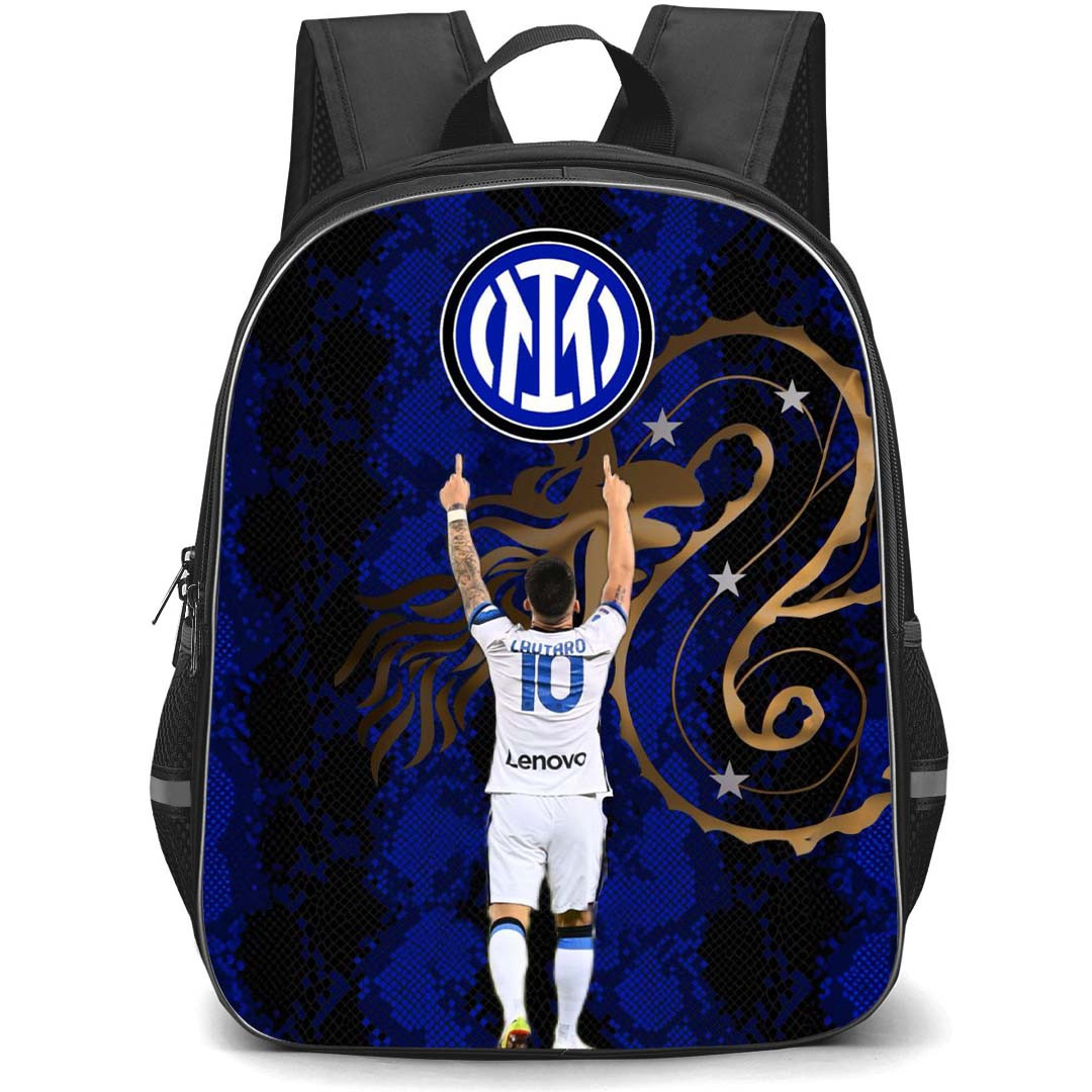 Lautaro Martinez School Backpack StudentPack - Lautaro Martinez 10 Inter Milan Standing Back Celebration On Blue Graphic Art