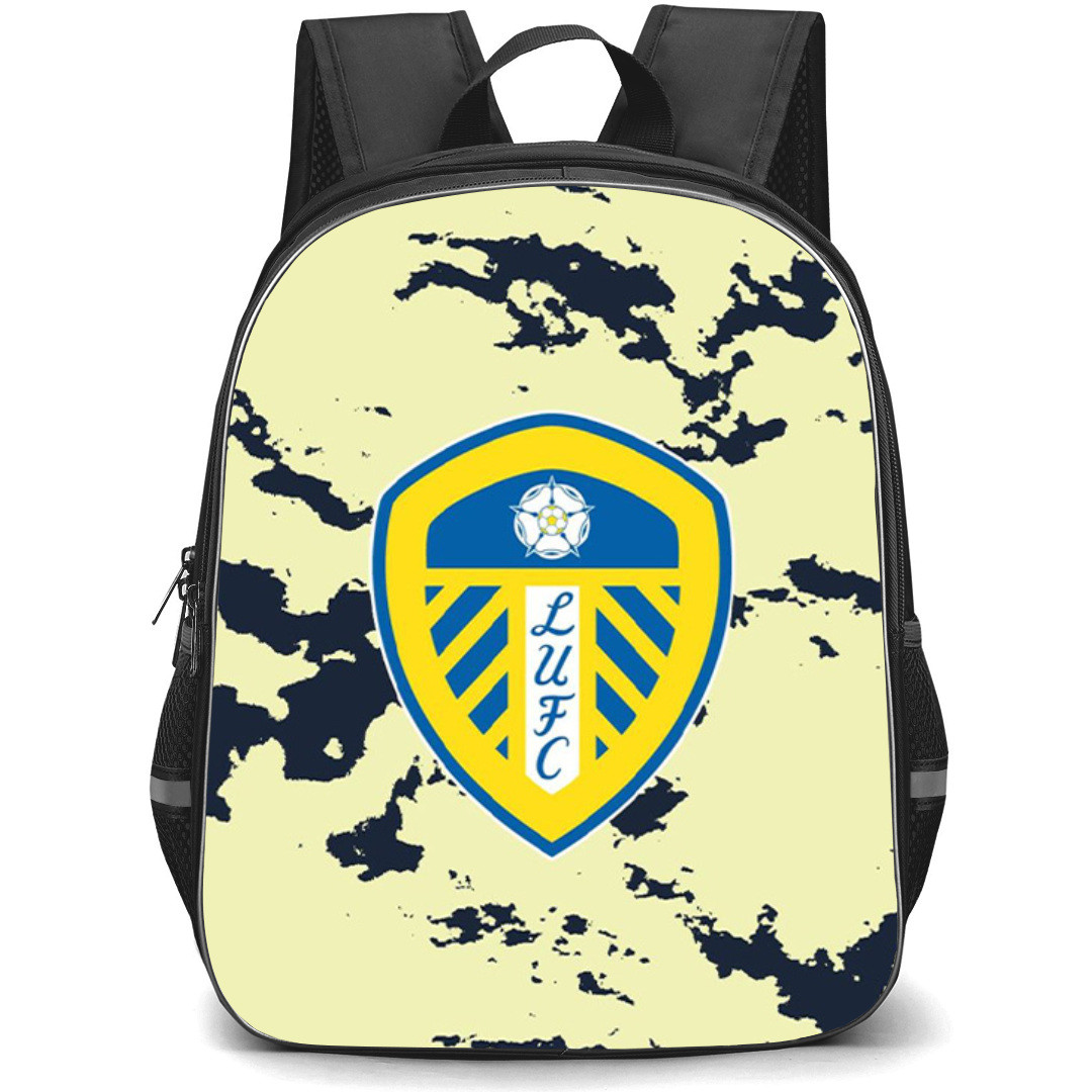 Leeds United Backpack StudentPack - Leeds United Team Logo On Beige Blue Abstract Background