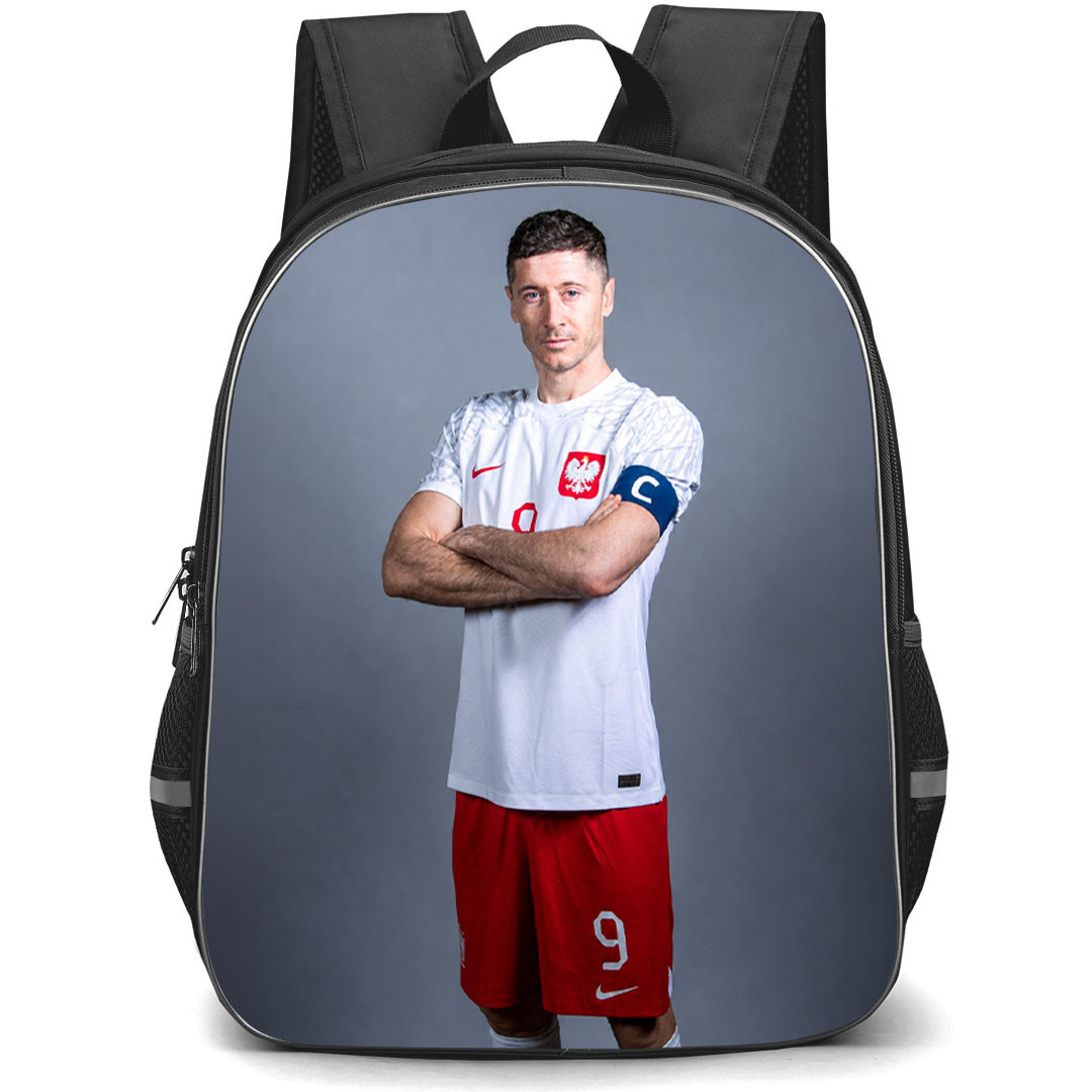 Robert Lewandowski Backpack School Bag StudentPack - Robert Lewandowski Jersey Number 9 Poland National Team Standing Portrait On Grey Background