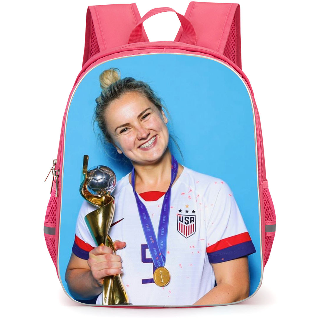 Lindsey Horan Backpack StudentPack - Lindsey Horan United States Women's National Football Smiling And Holding Champions Trophy Blue Background