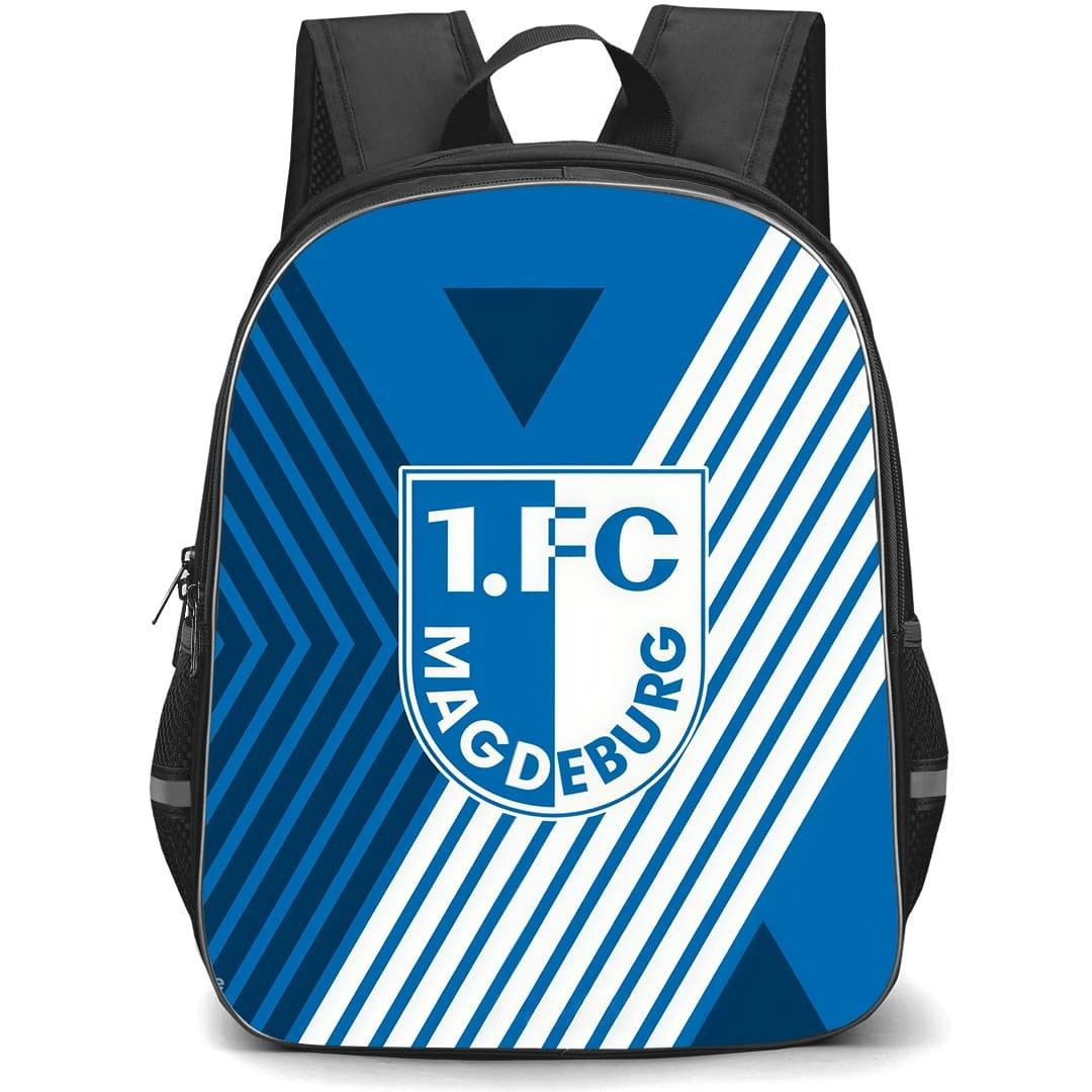 1. FC Magdeburg Backpack School Bag StudentPack - Logo In Blue And White Line Stripe Background Football Club
