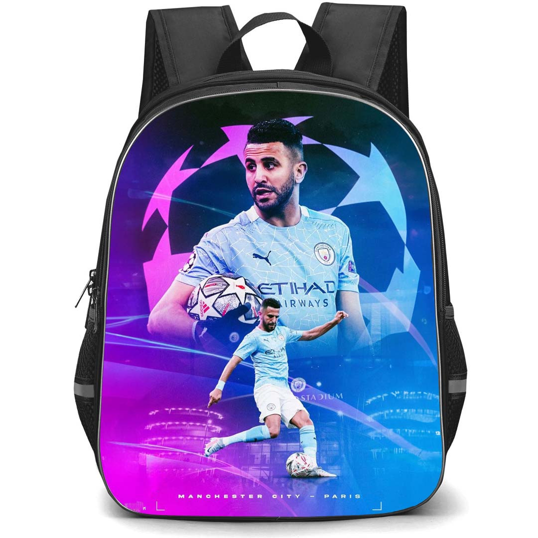 Riyad Mahrez Backpack StudentPack - Riyad Mahrez Manchester City F.C. Paris Dribbling Poster Blue Background