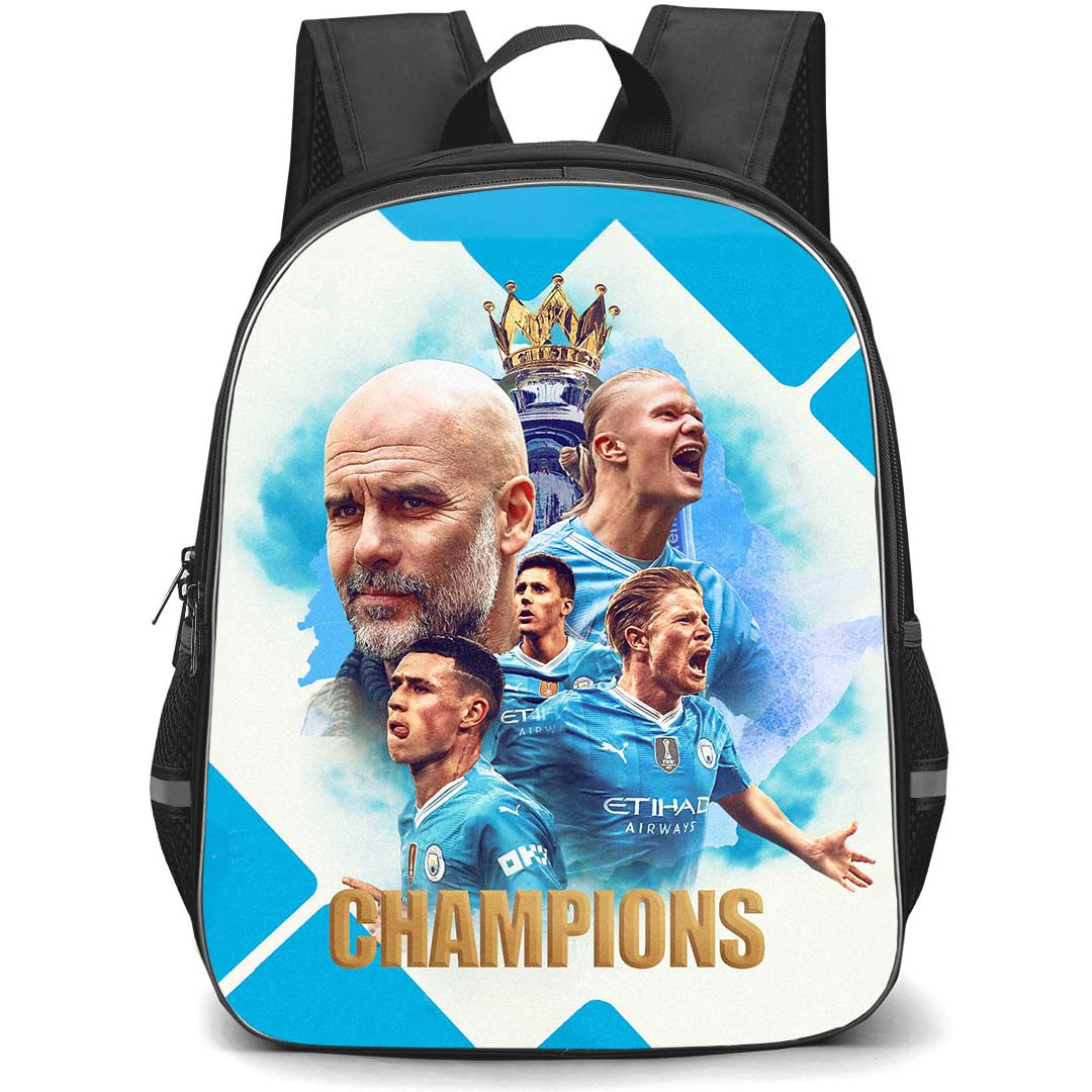 Manchester City F.C. School Backpack StudentPack - Manchester City Champions Poster Blue Block Background