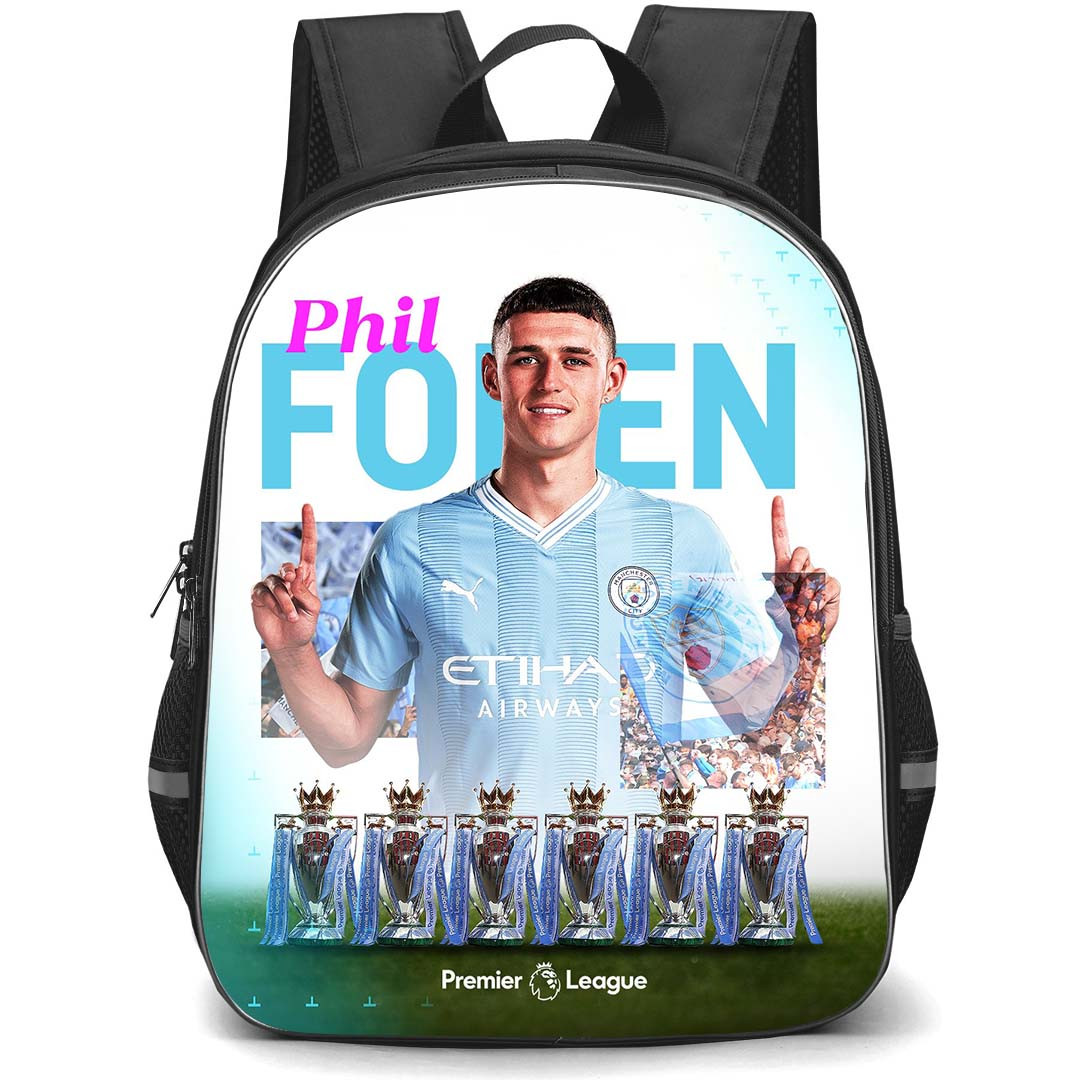 Manchester City F.C. Phil Foden School Backpack StudentPack - Phil Foden Infront of 4 Champions Trophy Poster