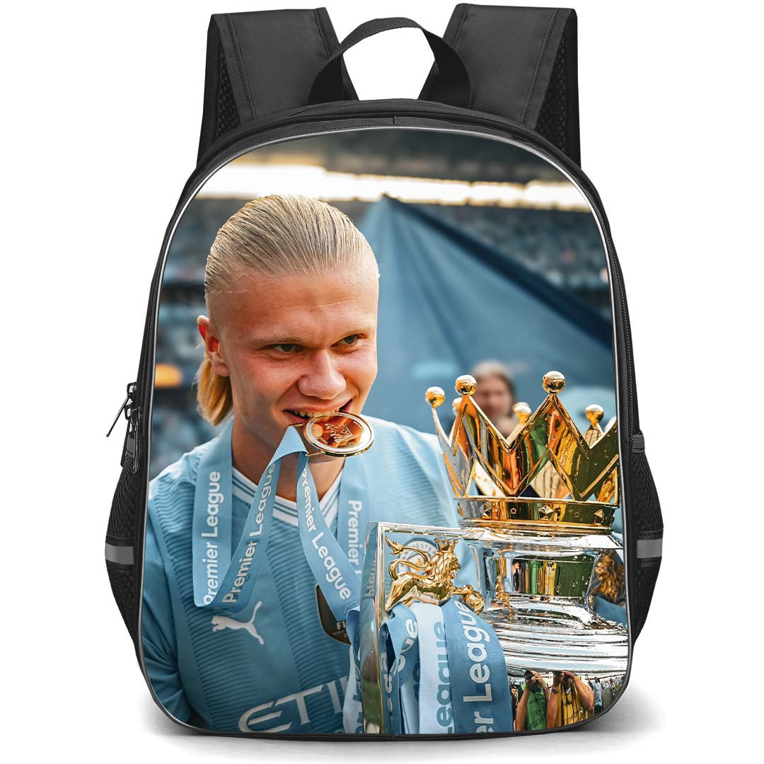 Manchester City F.C. Erling Haaland School Backpack StudentPack - Erling Haaland Holds the Trophy of Premier League With A Crown Poster