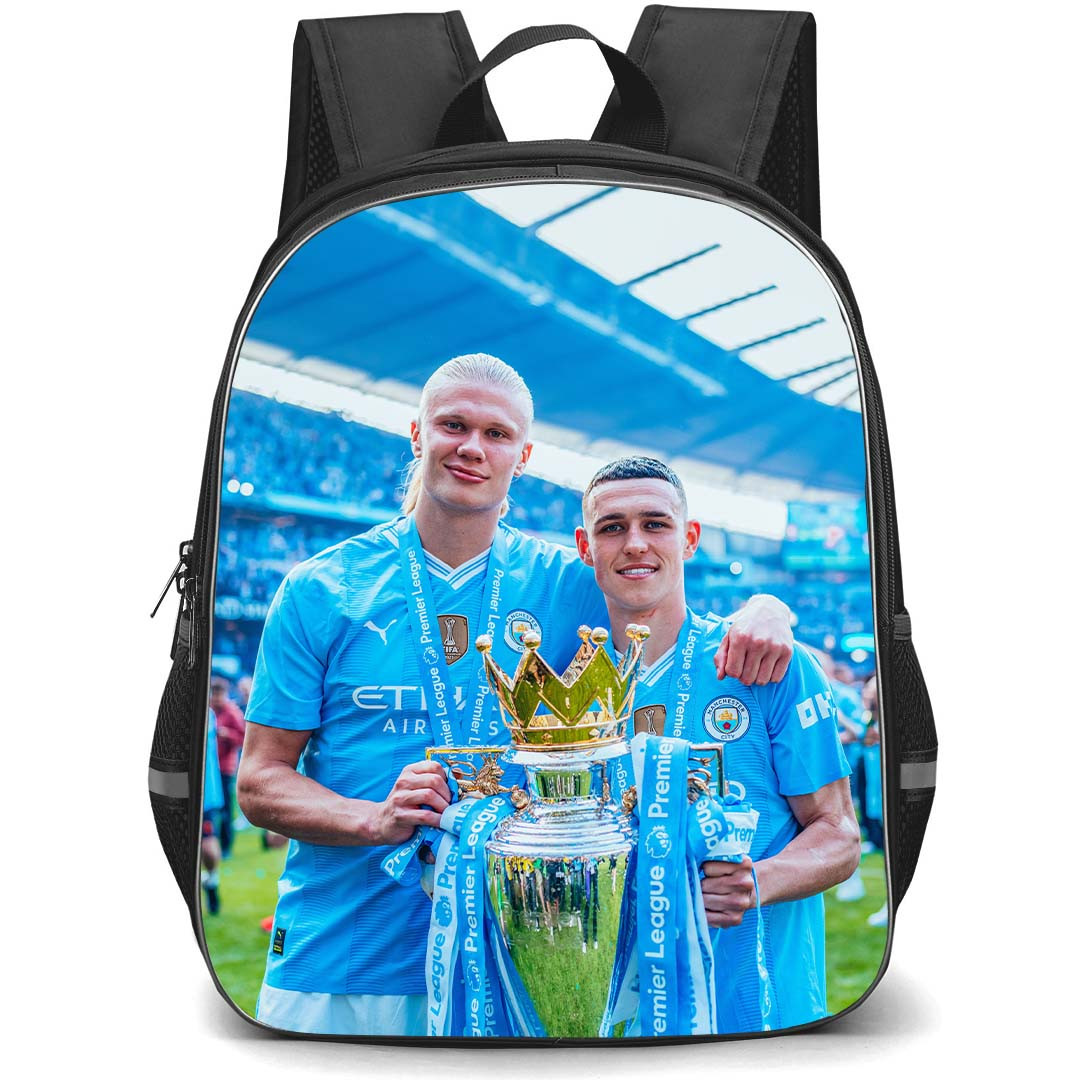 Manchester City F.C. School Backpack StudentPack - Erling Haaland And Phil Foden Holds Champions Trophy Poster