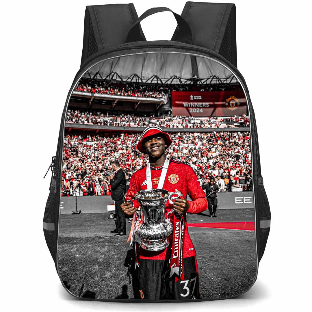 Manchester United F.C. Kobbie Mainoo School Backpack StudentPack - Man United Kobbie Mainoo Holding Trophy Picture