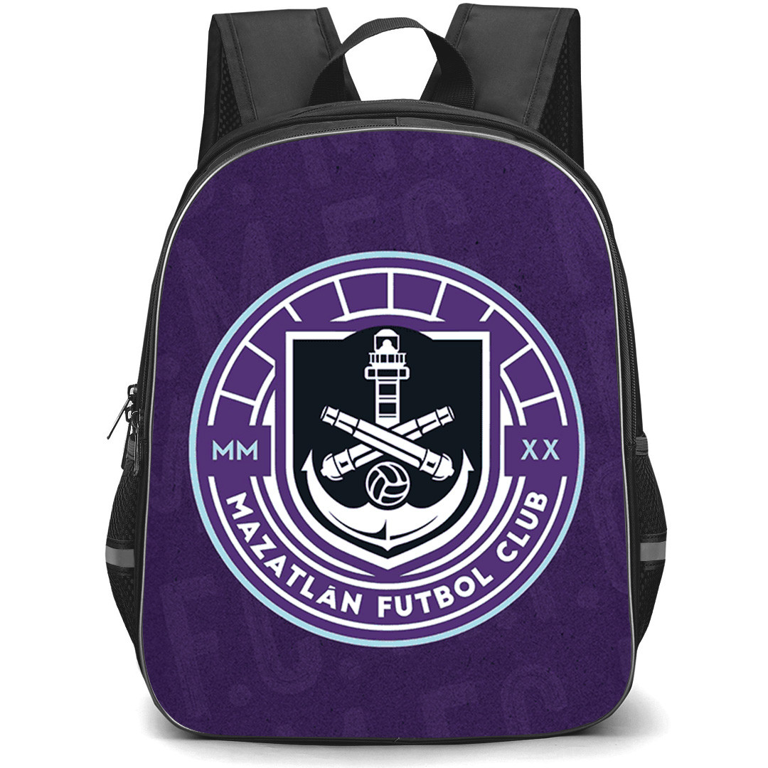 Mazatlan Futbol Club Backpack School Bag StudentPack - Mazatlan Futbol Club with Logo Texture Pattern Purple Effect
