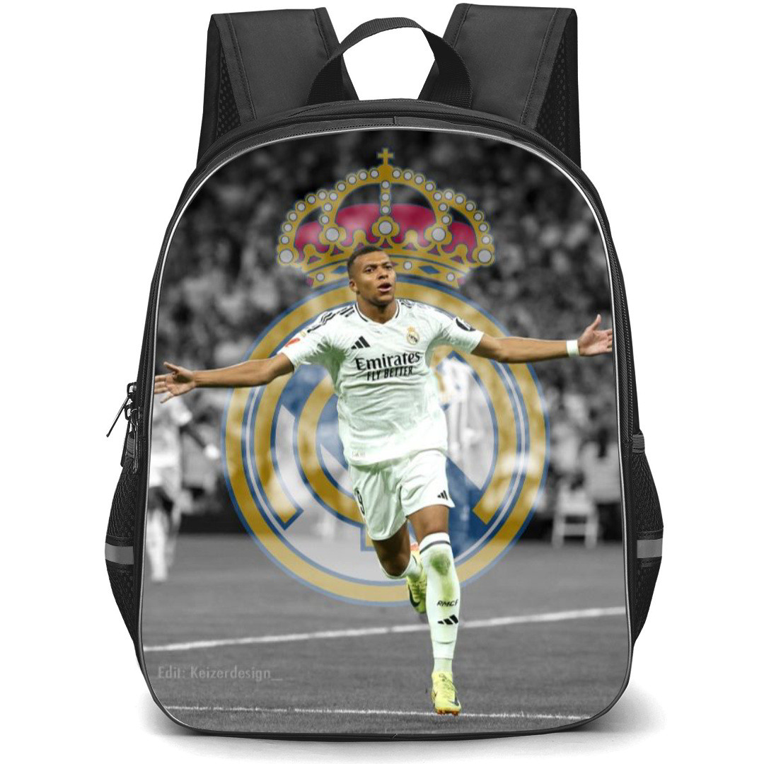 Kylian Mbappe Backpack StudentPack - Kylian Mbappe Running With Real Madrid Logo Featured Poster