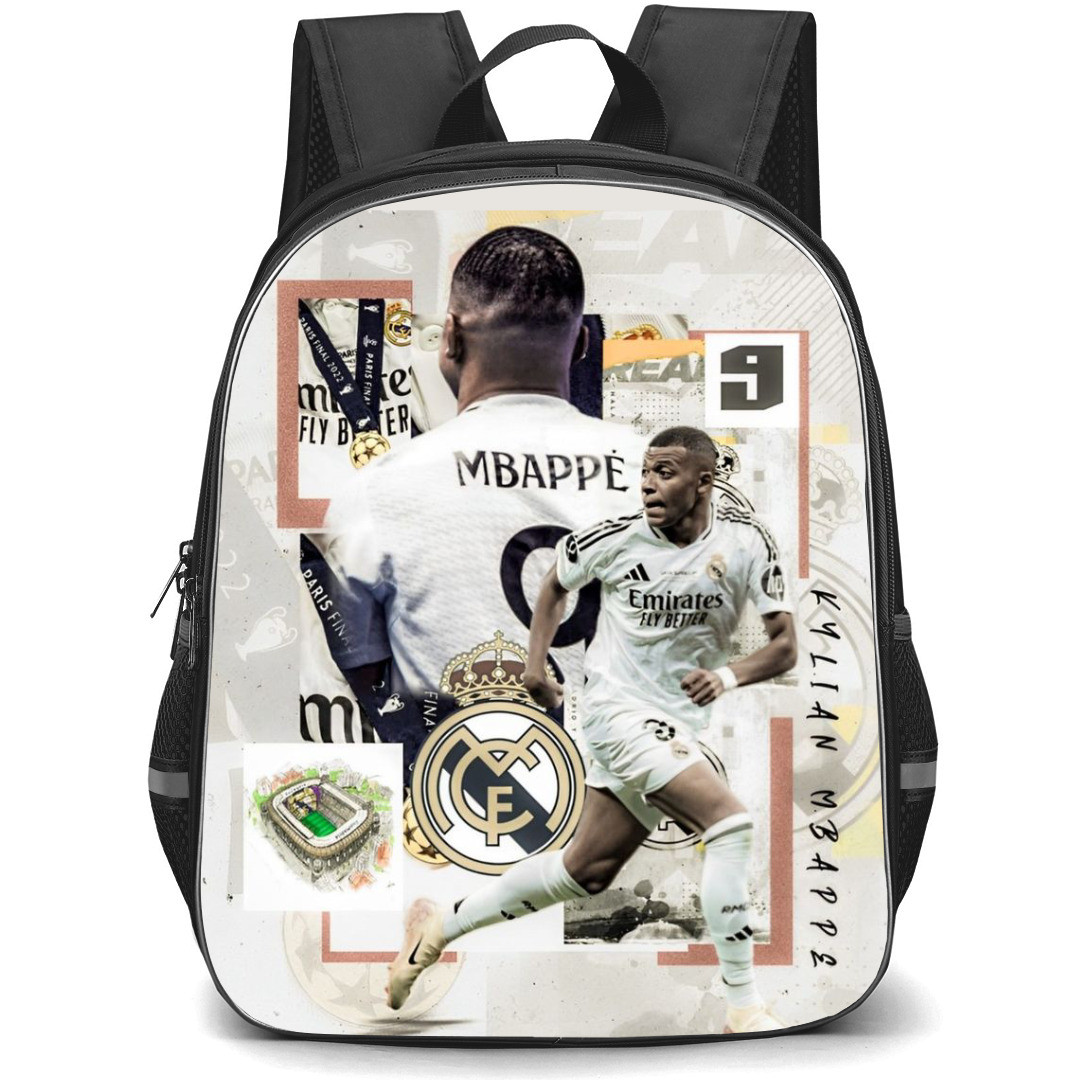 Kylian Mbappe Backpack StudentPack - Kylian Mbappe In A White Shirt Sprinting With The Real Madrid Logo