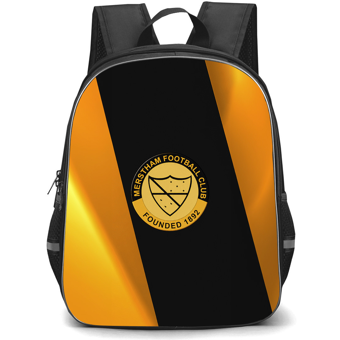 Merstham Football Club Backpack School Bag StudentPack - Merstham Football Club Logo with Diagonal Stripe Black and Gold Effect