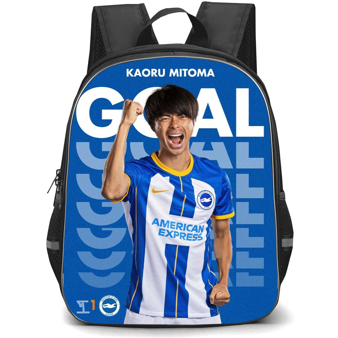 Kaoru Mitoma Backpack StudentPack - Kaoru Mitoma Brighton & Hove Albion F.C. Shouting On Word Art Blue Background