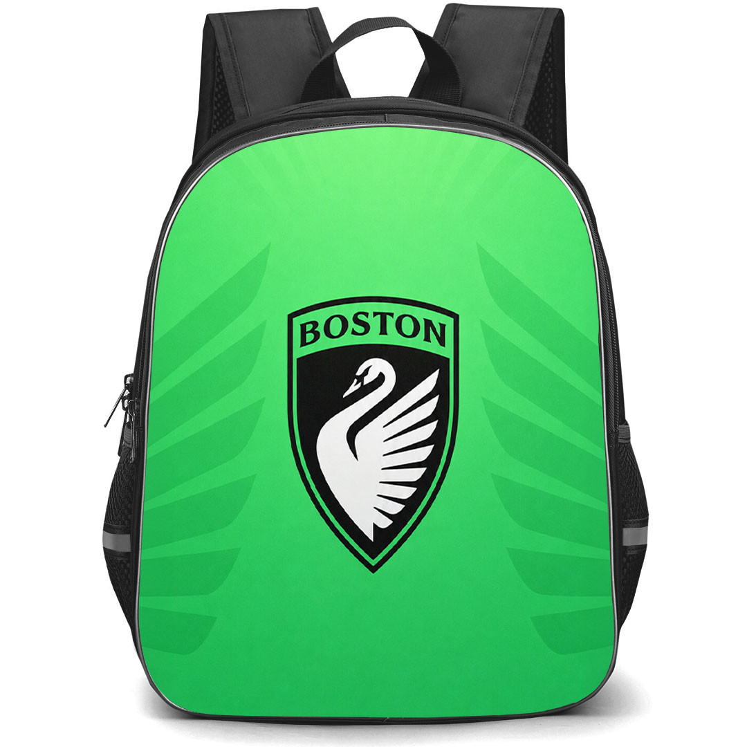 NWSL Boston FC Backpack School Bag StudentPack - Boston Legacy FC Logo On Minimalist Green Background