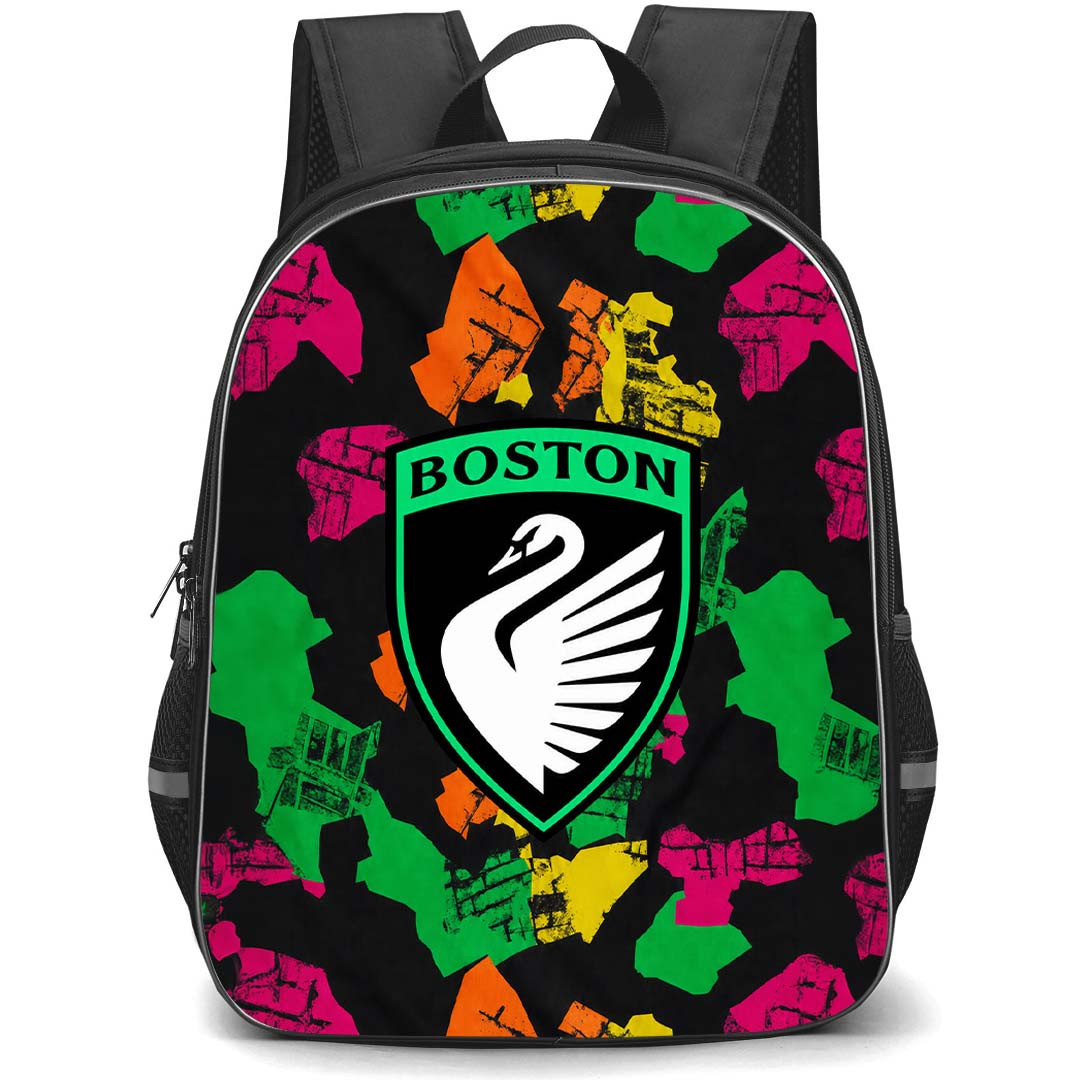 NWSL Boston FC Backpack School Bag StudentPack - Boston Legacy FC Logo On Retro Pop Color Background
