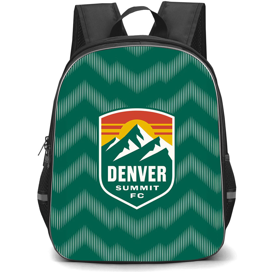 NWSL Denver Summit FC Backpack School Bag StudentPack - Denver Summit FC Logo On Green Chevron Pattern Art Background