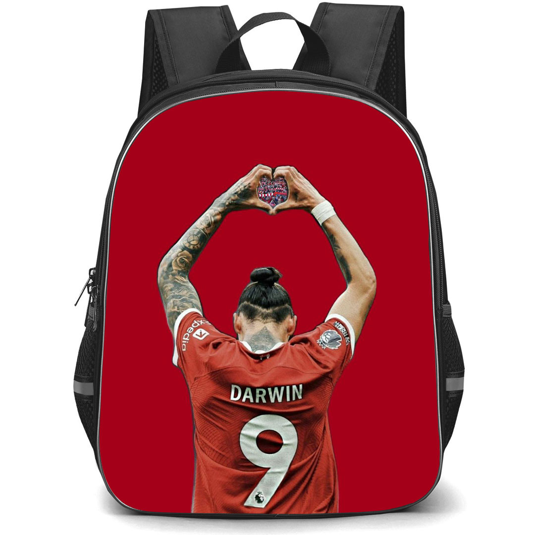 Darwin Nunez School Backpack StudentPack - Darwin Nunez 9 Liverpool F.C. Back Showing Love Sign On Red Background