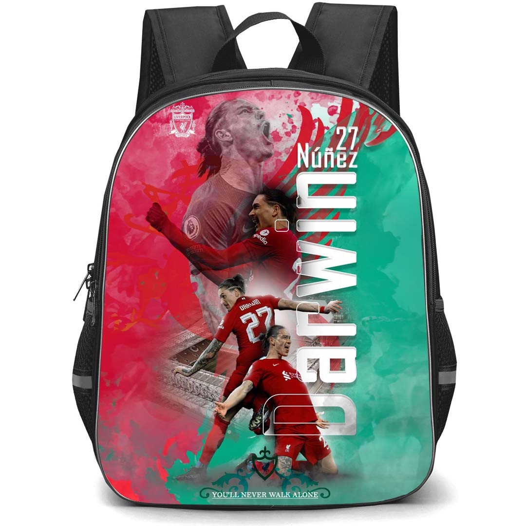 Darwin Nunez Backpack StudentPack - Darwin Nunez 27 Liverpool F.C Celebration You Will Never Walk Alone Poster