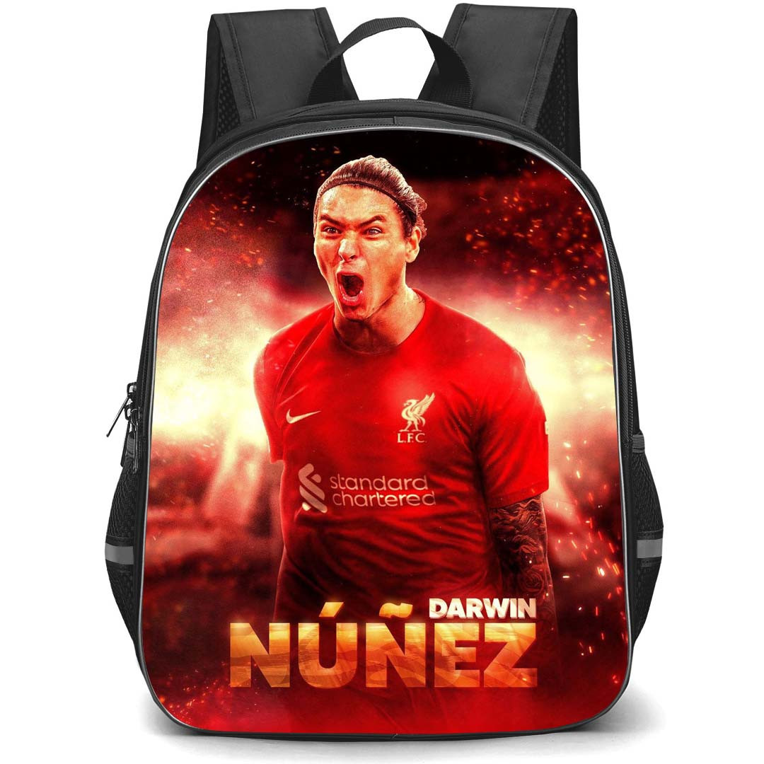 Darwin Nunez Backpack StudentPack - Darwin Nunez Liverpool F.C. Shouting On Fire Flame Background
