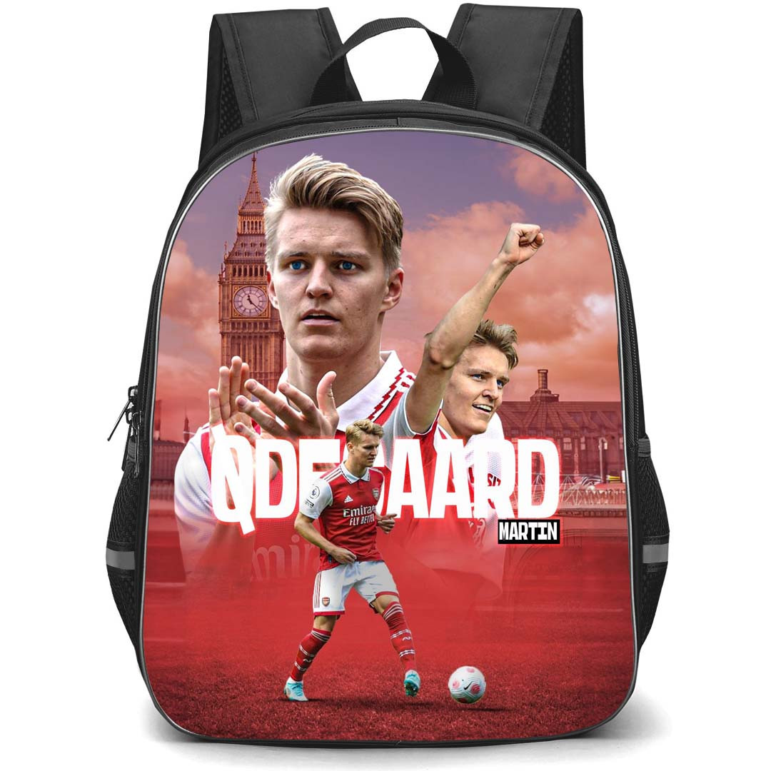 Martin Odegaard Backpack StudentPack - Martin Odegaard Arsenal F.C. Dribbling On Emirates Stadium Background