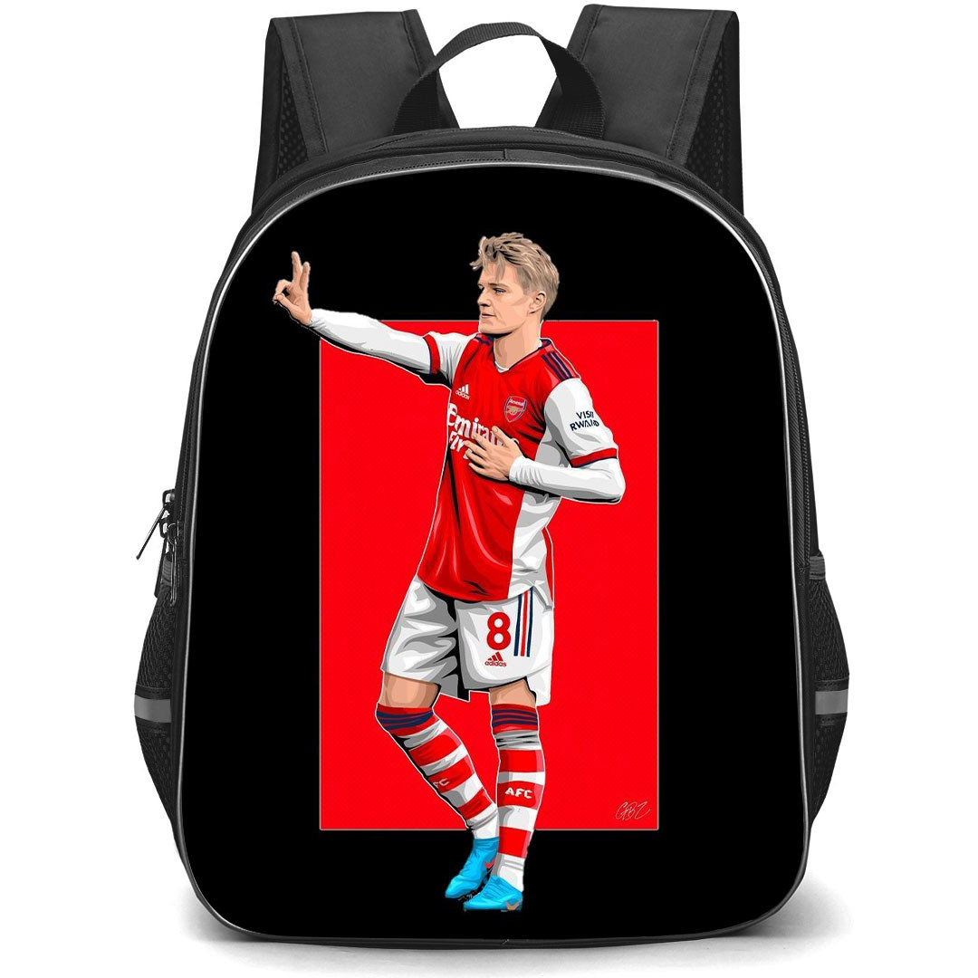 Martin Odegaard School Backpack StudentPack - Martin Odegaard Arsenal FC Showing Victory Sign Illustration Art On Red Black Background