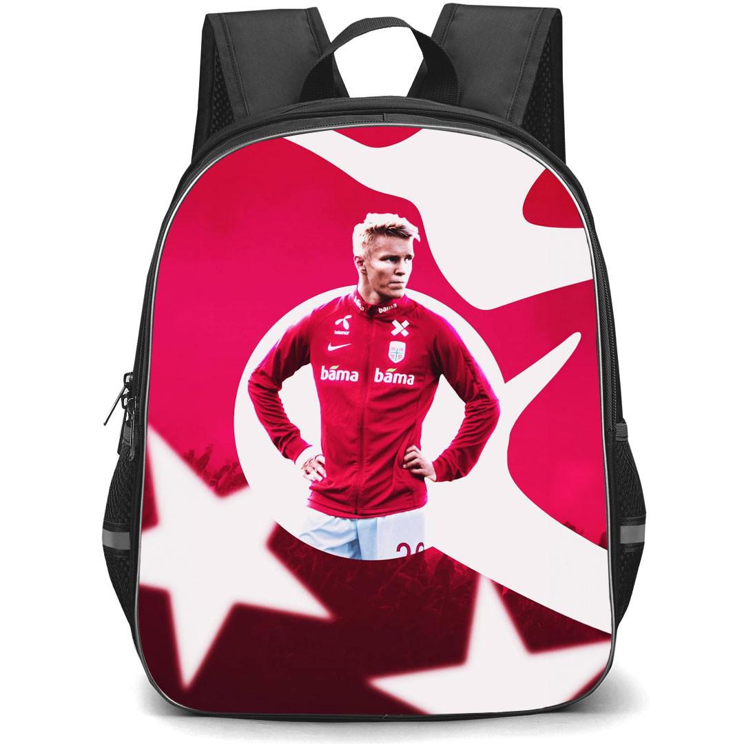 Martin Odegaard Backpack StudentPack - Martin Odegaard Norway National Football Standing On Red White Graphic Art