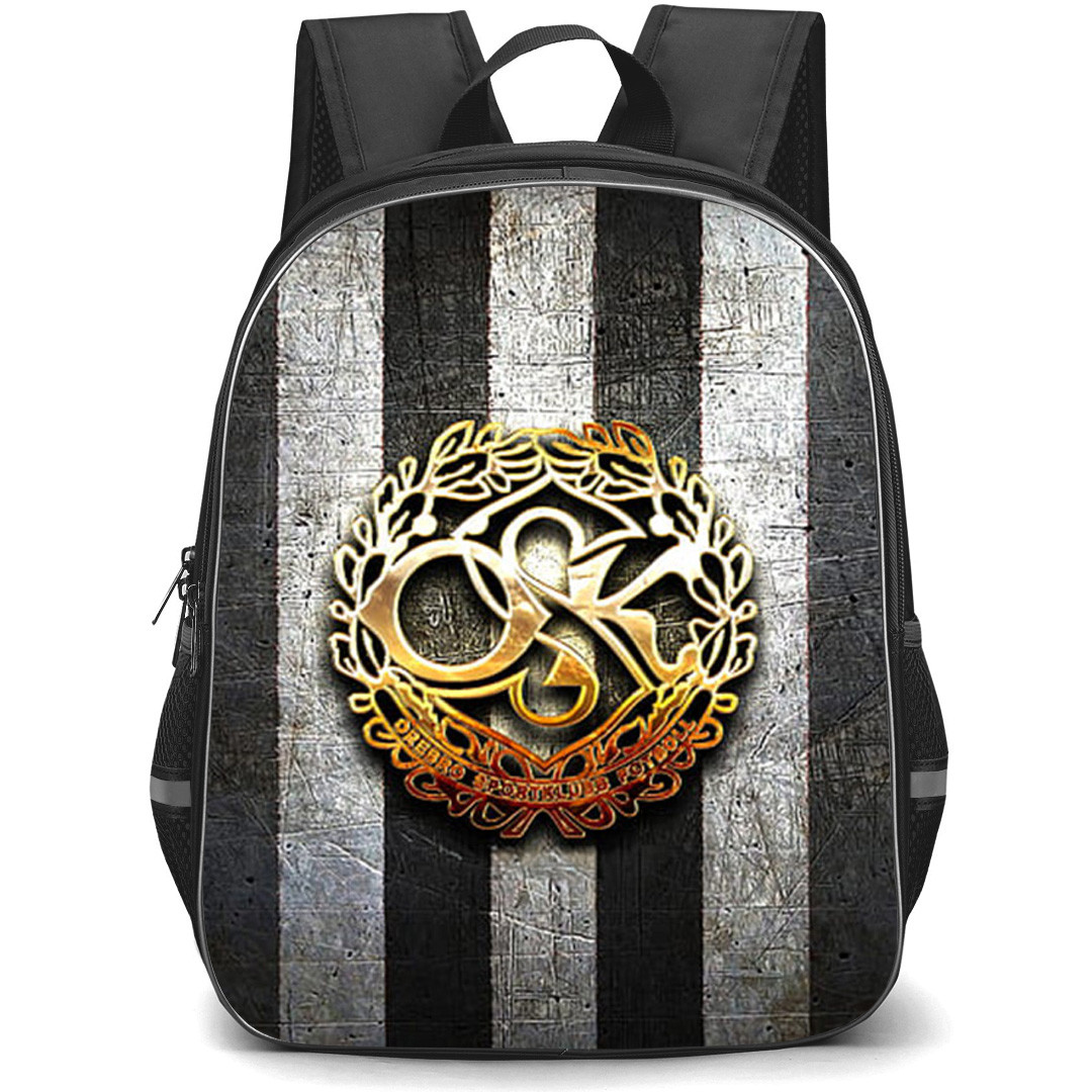 Orebro SK Backpack School Bag StudentPack - Orebro SK Metal Logo On Silver Black Stripe Background Football Club