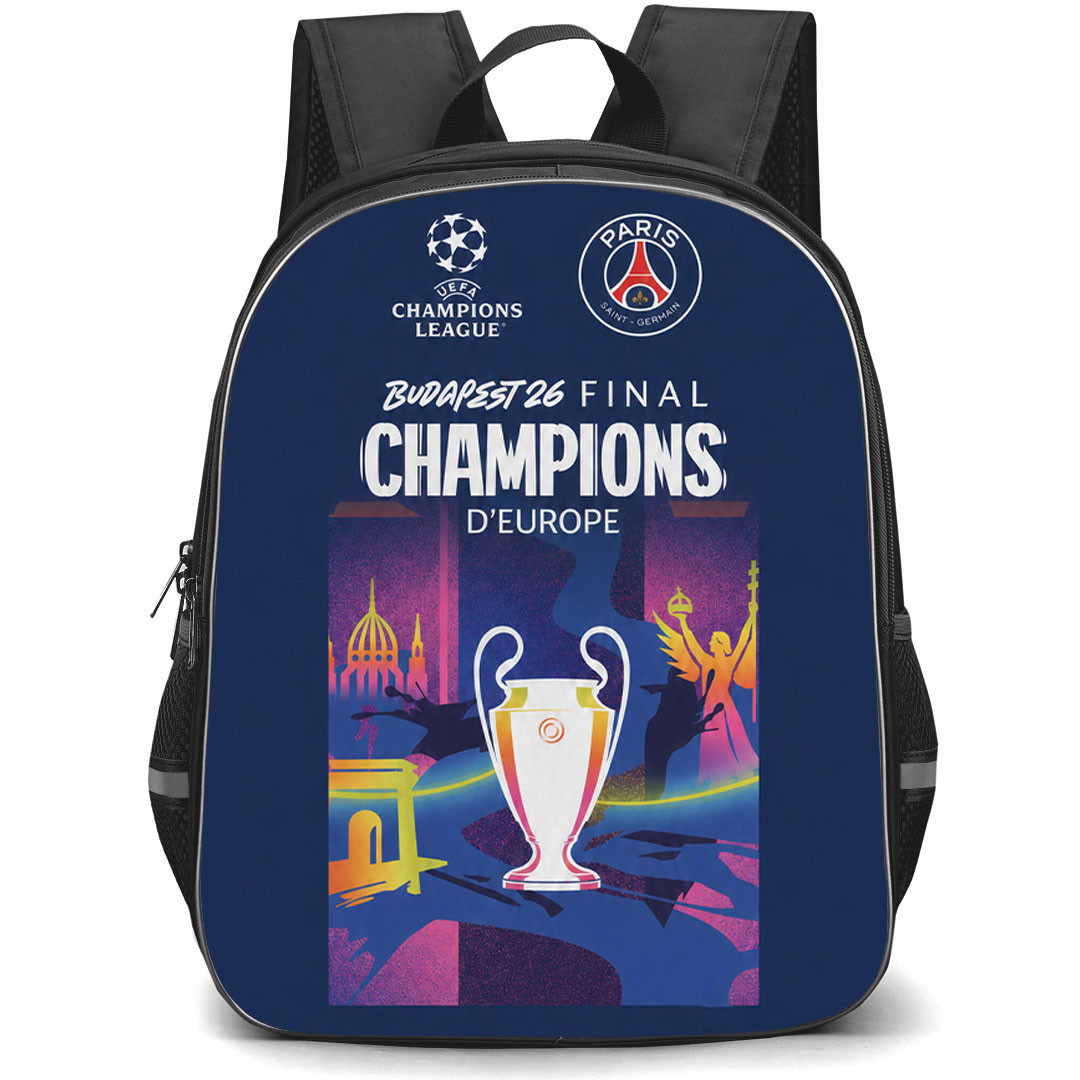 PSG UEFA Champions League 2026 Backpack School Bag StudentPack - PSG UEFA Champions League 2026 Budapest Final Trophy Illustration Art Poster