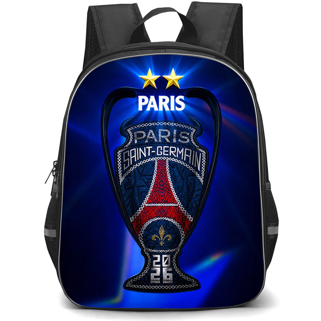 PSG UEFA Champions League 2026 Backpack School Bag StudentPack - PSG UEFA Champions League 2026 Double Star Trophy Crest Artwork Poster