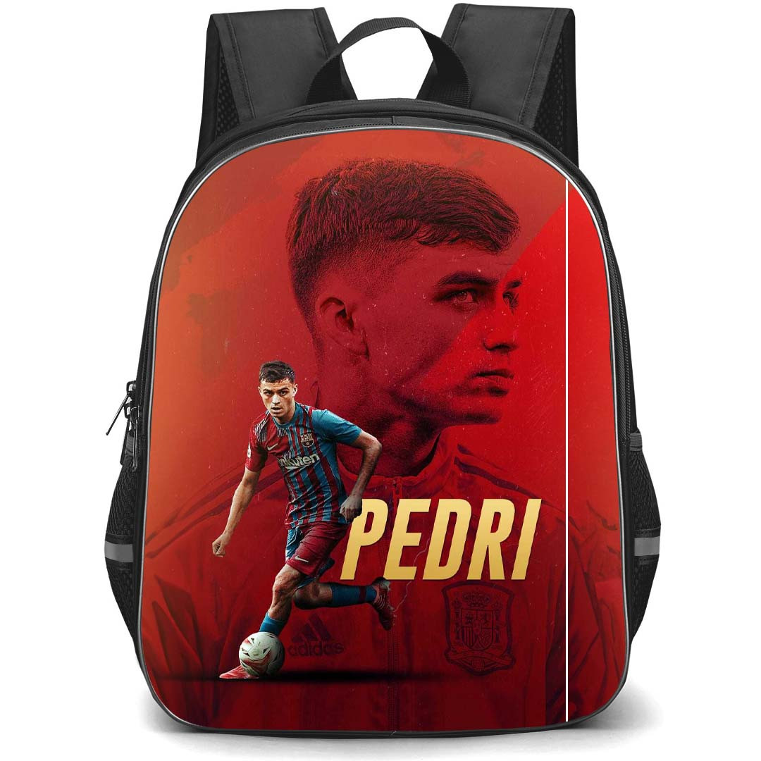 Pedri Backpack StudentPack - Pedri FC Barcelona Dribbling Poster On Red Background