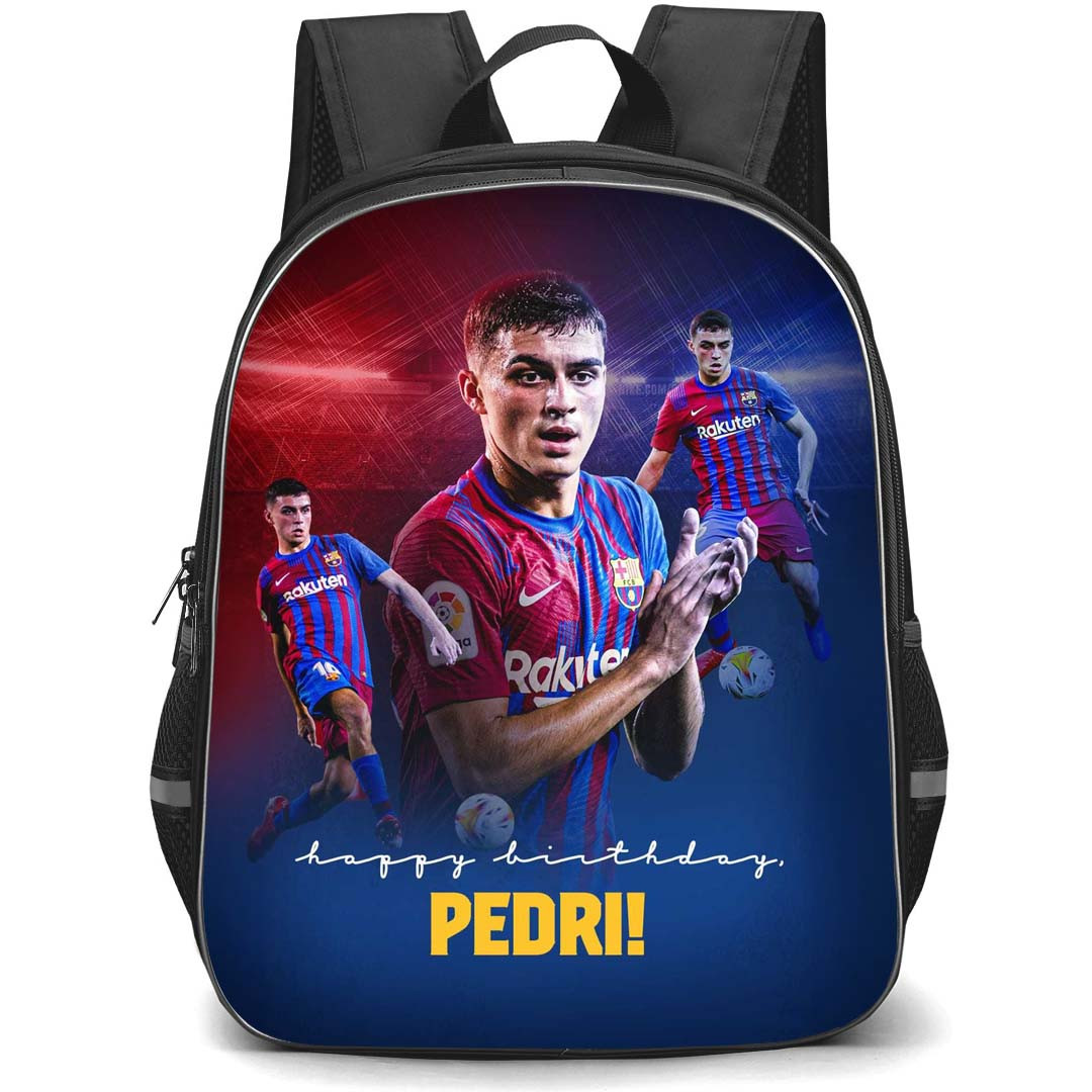 Pedri Backpack StudentPack - Pedri FC Barcelona Side Portrait On Blue Red Background