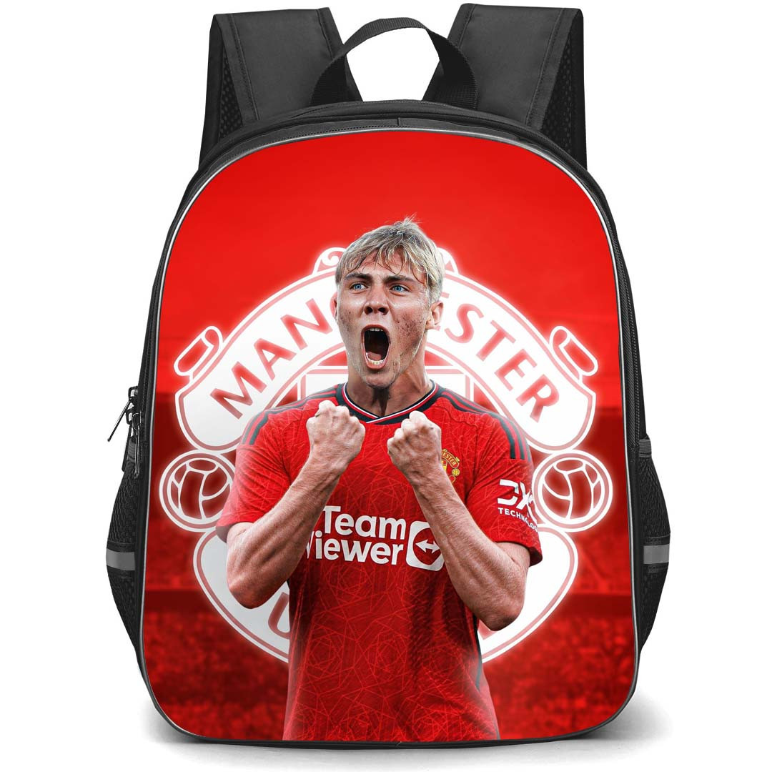 Rasmus Hojlund Backpack StudentPack - Rasmus Hojlund Manchester United F.C. Shouting On Logo Red Background