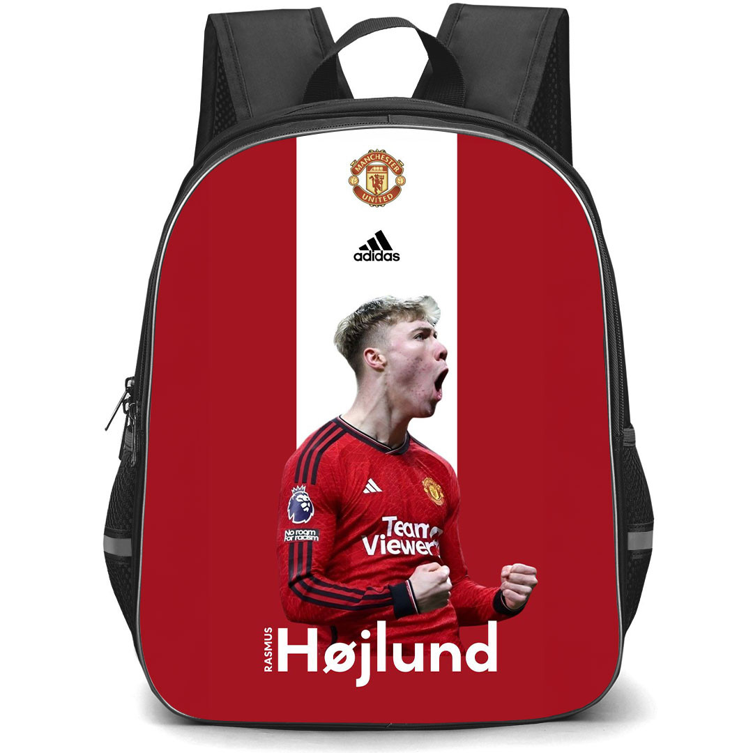 Rasmus Hojlund School Backpack StudentPack - Rasmus Hojlund Manchester United F.C. Shouting On White Red Stripe Background