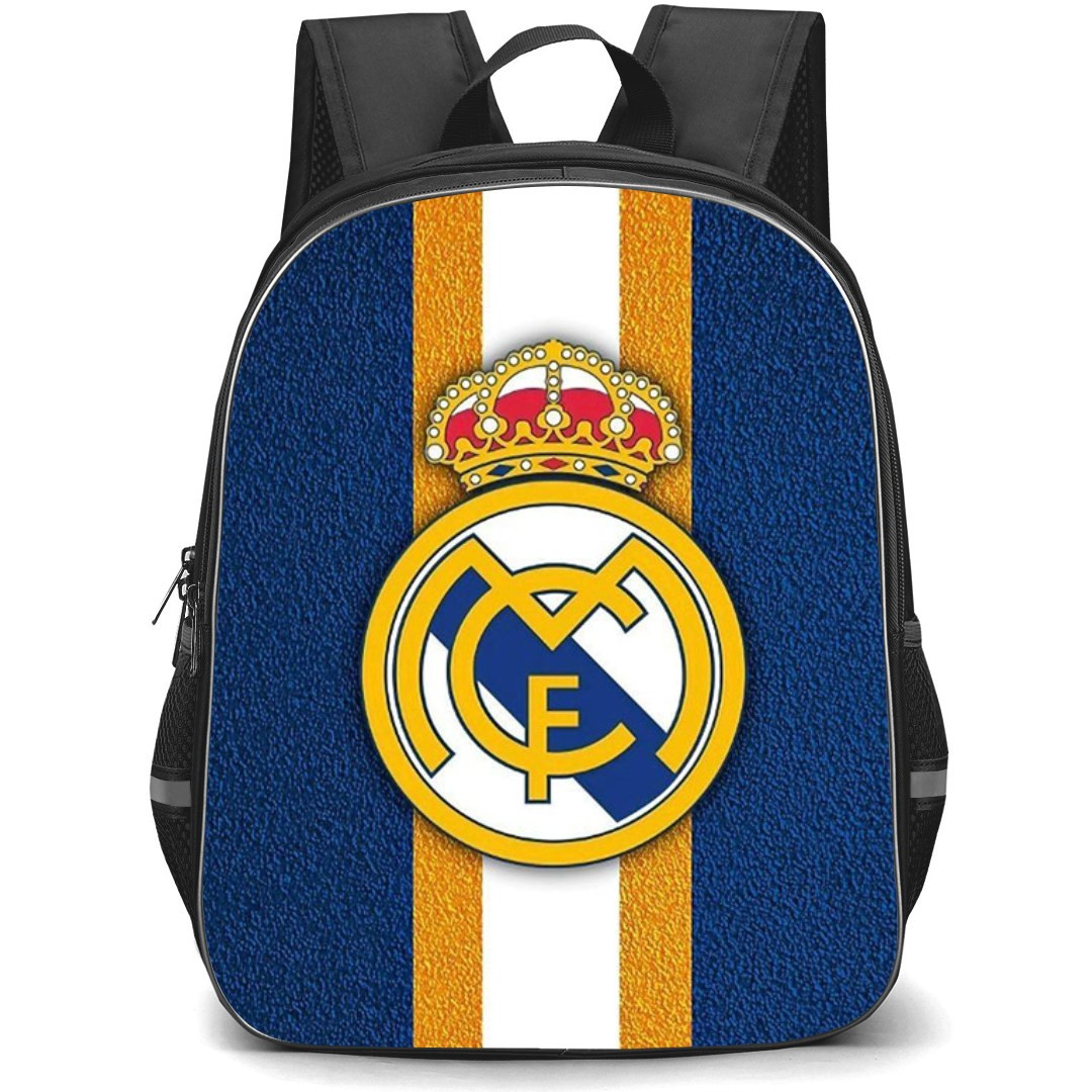 Real Madrid Backpack StudentPack - Real Madrid Club Logo On Yellow White Stripe Blue Background