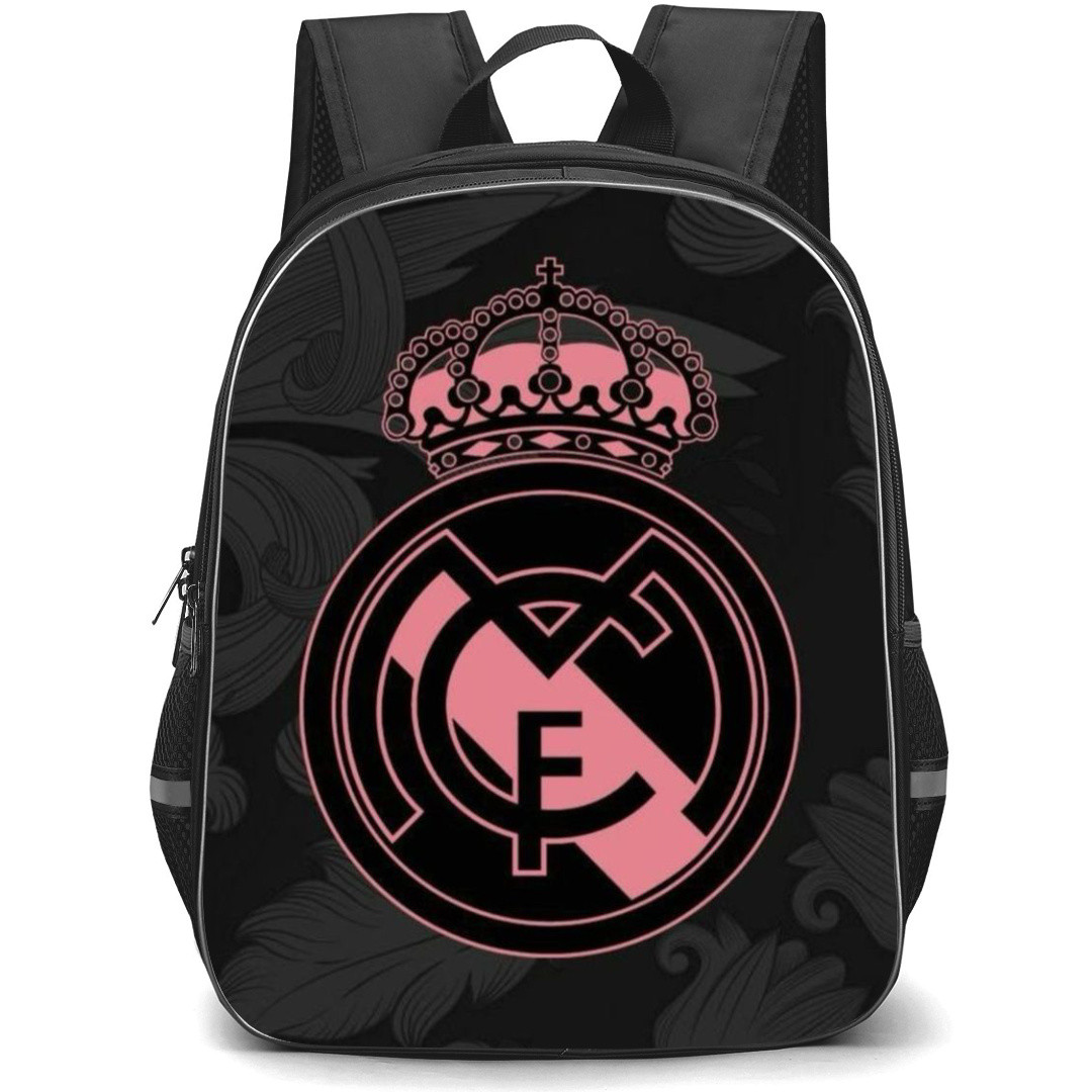 Real Madrid Backpack StudentPack - Real Madrid Pink Logo On Dark Floral Background Poster