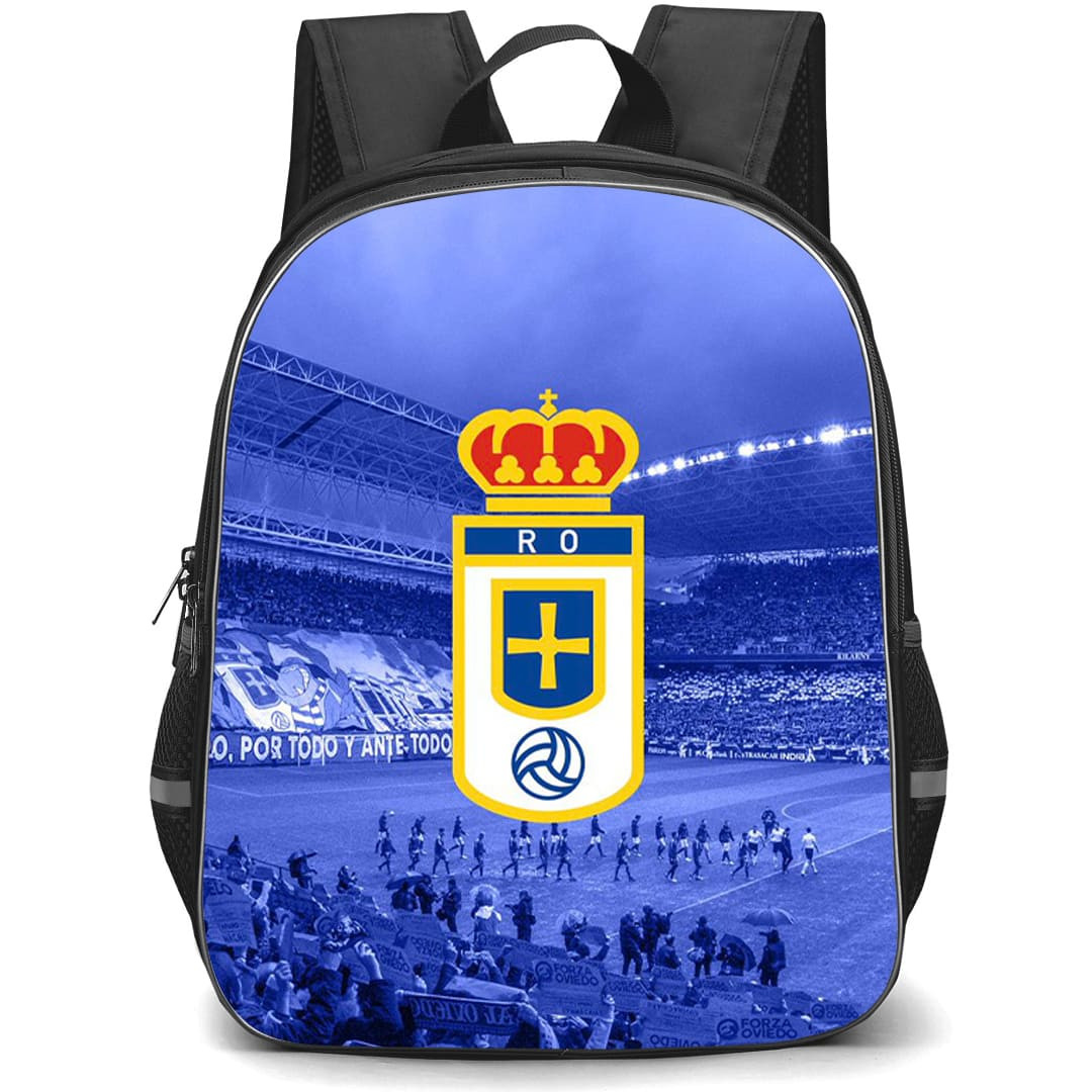 Real Oviedo Backpack School Bag StudentPack - Real Oviedo Logo On Blue Effect Stadium Background Football Club