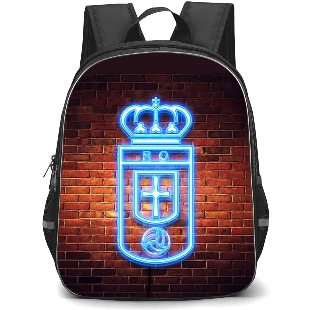 Real Oviedo Backpack School Bag StudentPack - Real Oviedo Neon Logo On Wall Background Football Club