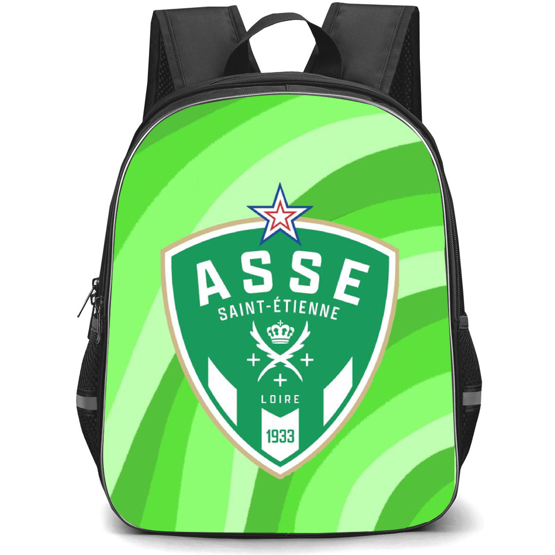 AS Saint Etienne Backpack School Bag StudentPack - Logo In Green Abstract Background Football Club