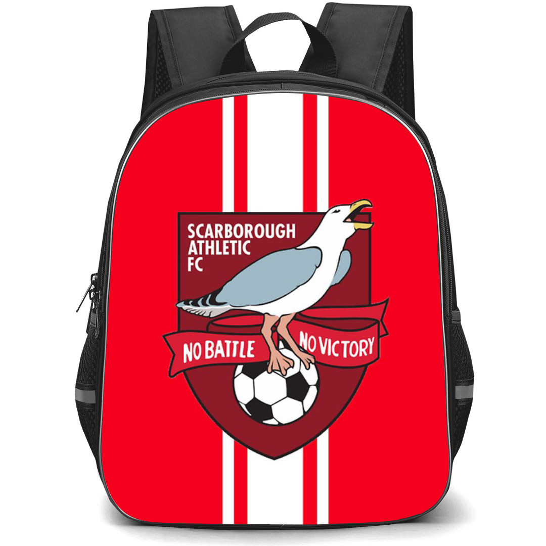 National League North Scarborough Athletic Backpack School Bag StudentPack - Large Logo In Red And White Stripe Background