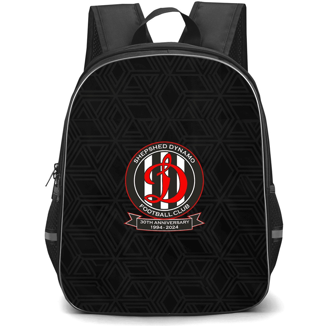 Shepshed Dynamo Football Club Backpack School Bag StudentPack - Shepshed Dynamo Football Club Logo with Geometric Pattern Black Effect