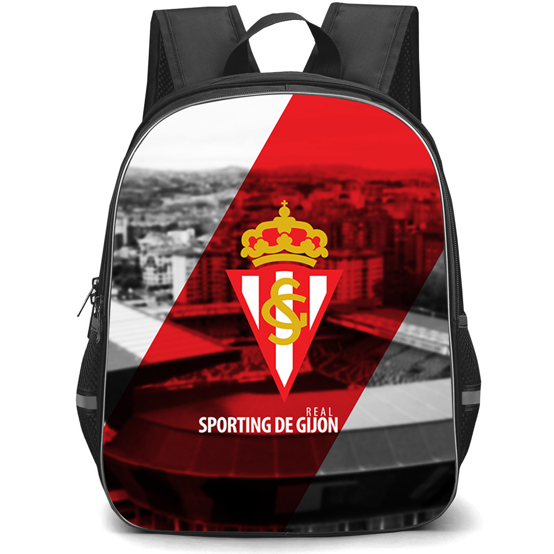 Sporting De Gijon Backpack School Bag StudentPack - Sporting De Gijon Logo On Red Stripe Grayscale Background Football Club