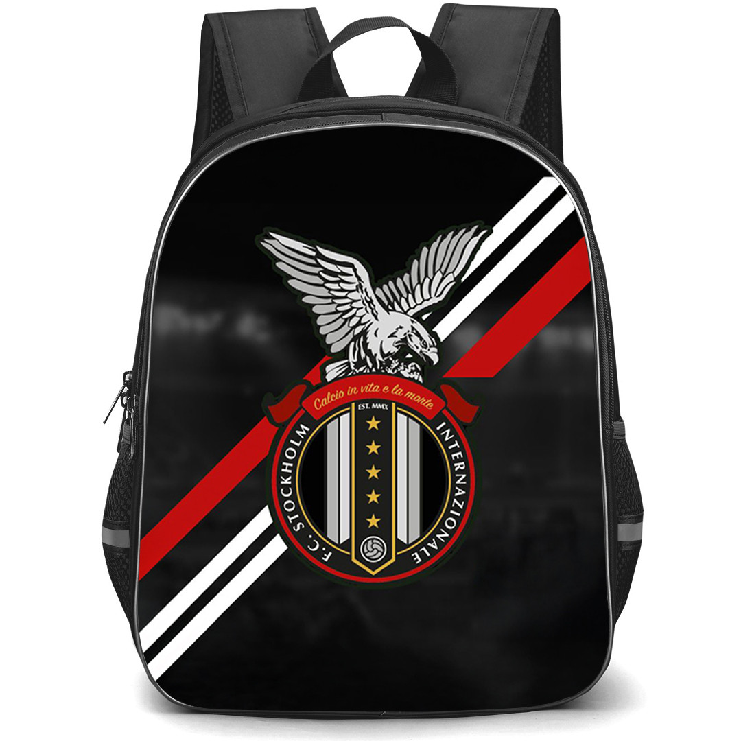 FC Stockholm Internazionale Backpack School Bag StudentPack - FC Stockholm Internazionale Logo On Red White Stripe On Black Background Football Club
